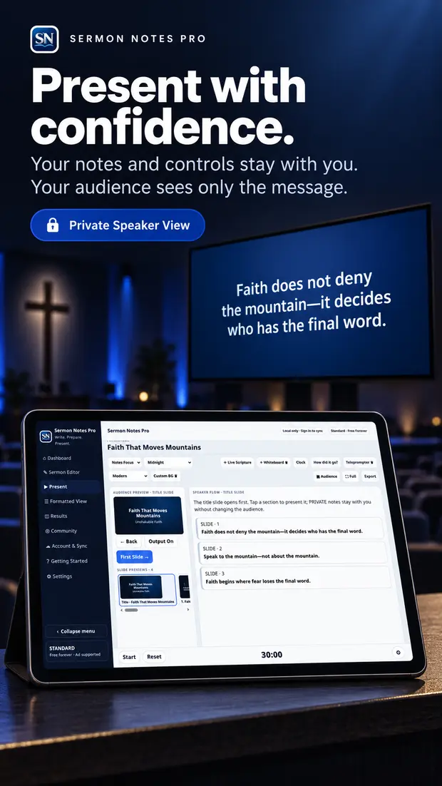 Presenter view beside the audience sermon slide